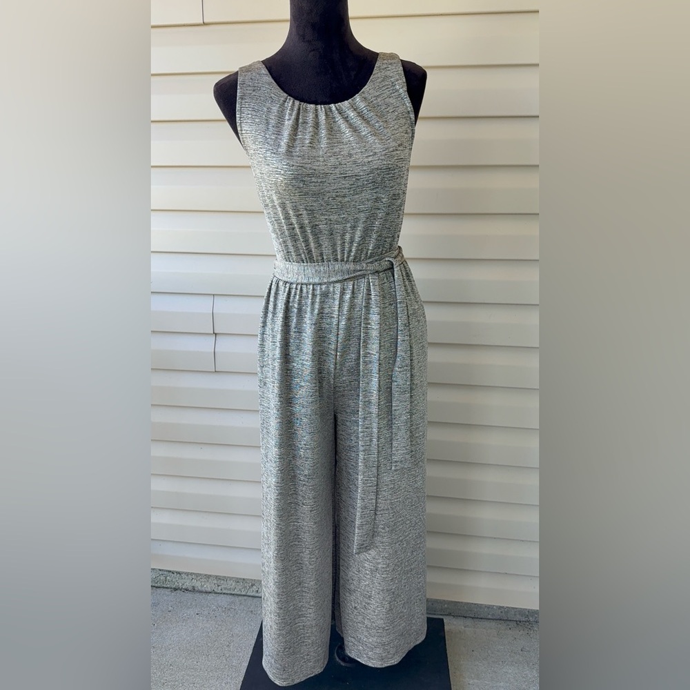 Anthropologie Meadow Rue Silver Metallic Romper Wide Leg Size XS Tie Waist